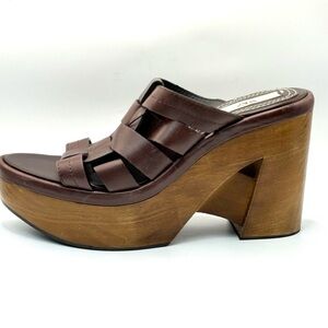 ZARA Brown Woven Leather Wooden Wedge Sandals Size 39 US –9 Platform Heel slides